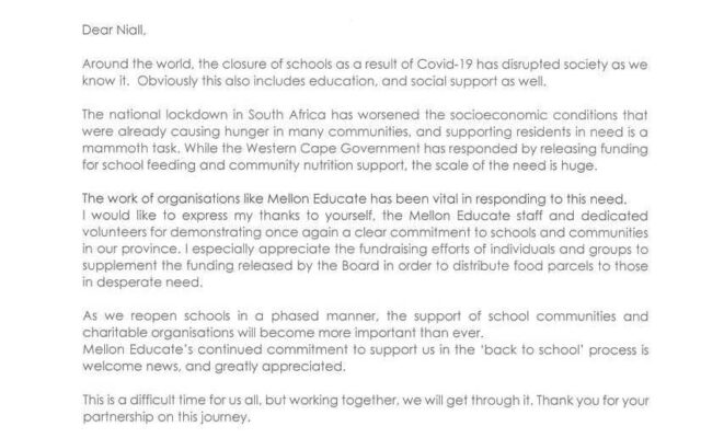 Thank You Letter From Debbie Schäfer – Minister of Education, Western Cape Government