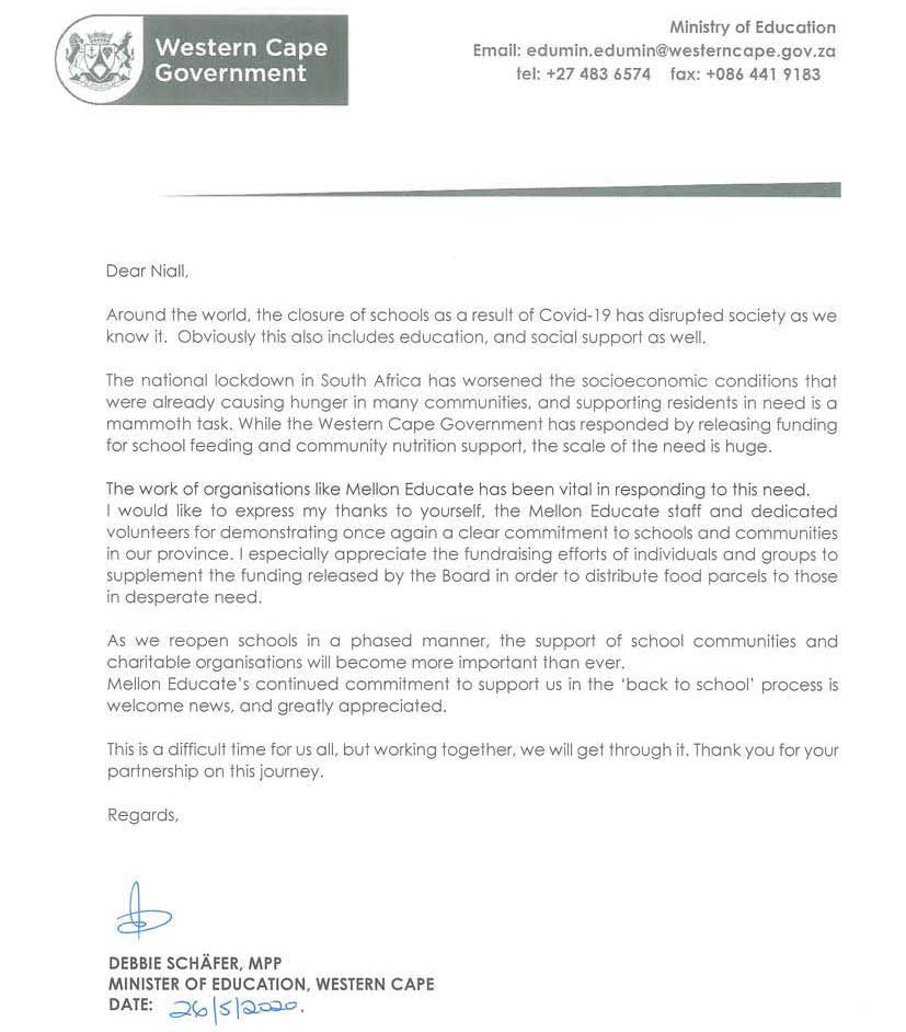Thank You Letter From Debbie Schäfer – Minister of Education, Western Cape Government